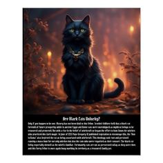 a black cat sitting in the middle of a forest with yellow eyes and glowing lights