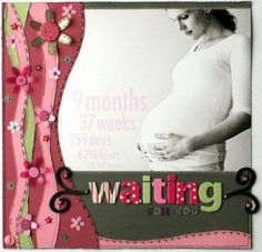 a pregnant woman holding her belly in front of a pink and green background with the words waiting for you