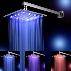 the shower head has three different colors and is lit up with light from behind it