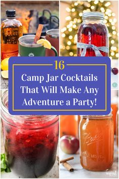 Collage of 4 camp jar cocktails. Camp Drinks Alcohol, Camping Mixed Drinks, Camping Alcohol Drinks Easy, Whiskey Drinks Summer, Camping Drinks Alcohol, Drinks For Camping, Campfire Drinks, Camp Cocktails, Camping Cocktails