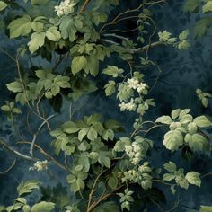 a painting of green leaves and white flowers on a dark blue wallpapered background