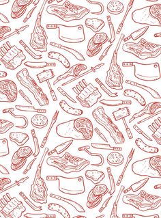 an image of food and utensils drawn in red ink on white paper background