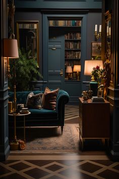 Modern Dark Academia Living Room with Velvet blue couch, antique furniture, and muted dark walls Dark Academia Living Room, Maximalist Living Room, Art Deco Living Room, Inspired Furniture, Aesthetic Living Room, Dark Interiors