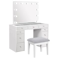 a white dressing table with a stool and mirror on it's side, next to a light up vanity