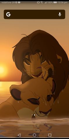 simba and nala hugging in the water at sunset