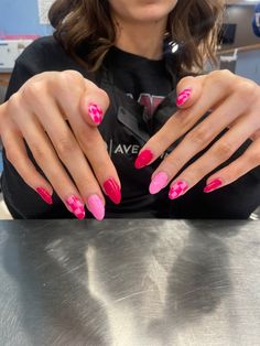 Neon Hearts Nails, Solid Nails With Design, Race Day Nails Checkered Flag, Red And Pink Checkered Nails, Feb Nails Valentines Day Pink, Pink Checkerboard Nails, Hot Pink Checkered Nails, Edgy Pink Nails, Valentines Day Nails Designs Pink