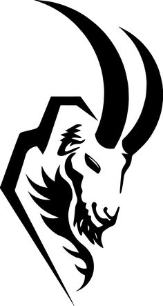 a black and white image of a demon head with horns on it's face