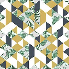 an abstract geometric pattern with green leaves on white and yellow background, suitable for wallpaper or fabric