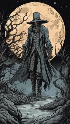 a man in a hat and trench coat walking through the woods with a full moon behind him