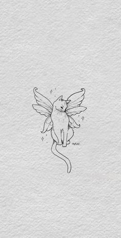 a black and white drawing of a cat with wings