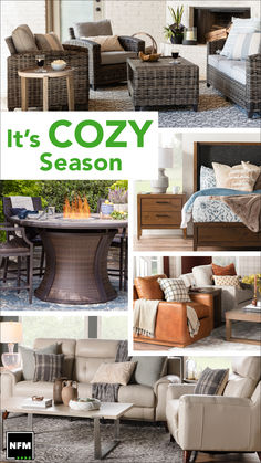 a collage of photos with furniture and decor in it's cozy season