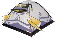 a close up of a tent with a cartoon character on the front and side panels