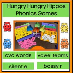 the hungry hungry hippo's phonics game with words and pictures on it