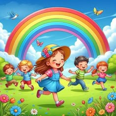 children playing in the park with a rainbow and butterflies above them illustration by alex krapf