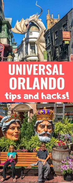 the universal orlando tips and hacks sign with people sitting on benches in front of them