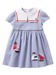 navy blue/white cotton blend horizontal stripe pattern embroidered motif round neck concealed rear zip fastening short sleeves straight hem Girls Casual Dresses, Dress Blue, Striped Dress, Stripes Pattern, White Cotton, Blue Dresses, Casual Dresses, Blue White, Round Neck