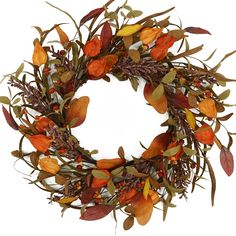 a wreath with orange and red leaves on it