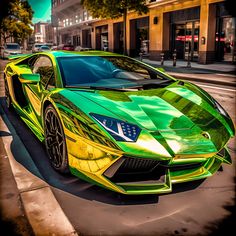 a green and yellow sports car parked on the street