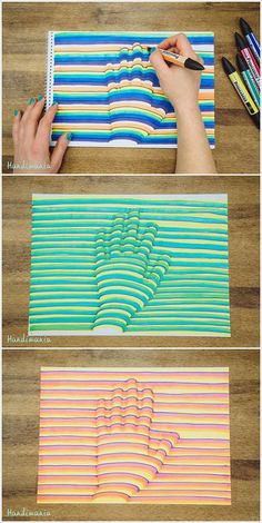 three different images of the same person using colored pencils to draw lines on paper