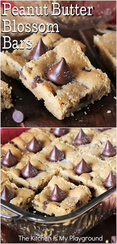 peanut butter blossom bars with chocolate chips in the middle