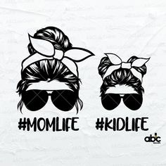 two women with long hair wearing sunglasses and the words momlie kidlife on them