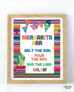 a colorful poster with the words margarita bar and cactus in front of it, on a white background