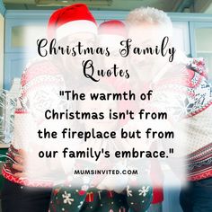 two people wearing christmas sweaters and santa hats with the words, christmas family quotes