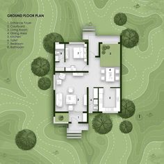 an aerial view of the ground plan for a house with trees and bushes around it