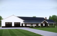 this is an artist's rendering of a modern farmhouse style home in the country