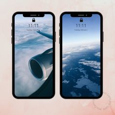 two iphones with the same screen size as they are next to each other in front of an airplane wing