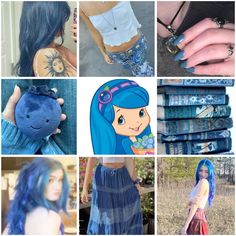 the collage has pictures of different women with blue hair and tattoos on their arms