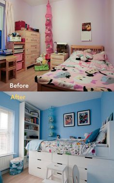 before and after photos of a child's bedroom with blue walls, white dressers and pink bedspread