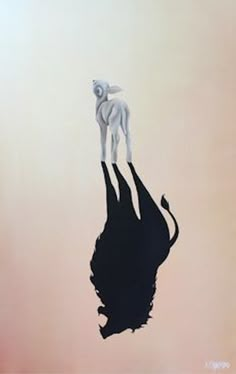 an abstract painting of a cat standing on top of a black piece of paper with the shadow of a person's head