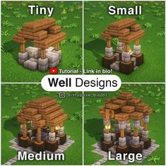 four different views of a small structure in the middle of some grass with text that reads tiny