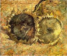 two sunflowers are shown in this painting