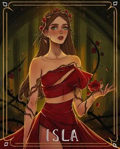 a woman in a red dress is holding a rose with the words island on it