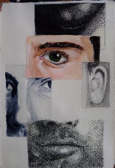 a drawing of a man's face with different colored eyes