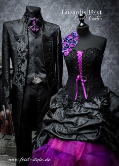 Steampunk Wedding Tuxedo, Steampunk Suits Men, Extravagant Clothing, Vampire Bride And Groom, Vampire Wedding Tuxedo, Vampire Wedding Suit, Black And Purple Dresses, Unusual Wedding Dresses, Extravagant Wedding Dresses