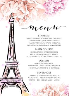 the eiffel tower with pink flowers is shown in this wedding menu card design