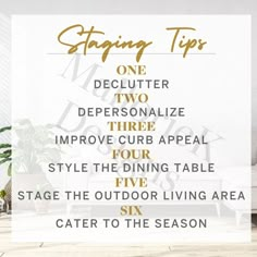 a living room with white furniture and gold lettering that says staying tips one declutter,