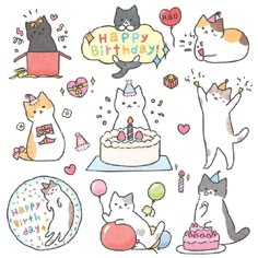 an image of cats celebrating birthday with cake and balloons