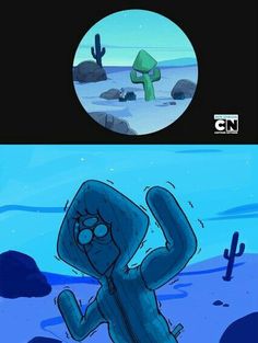 an animated cartoon character is shown in the middle of two different pictures, one with a cactus