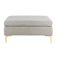 the footstool is made from wood and has a light gray upholstered fabric