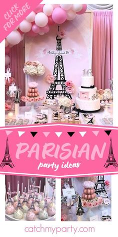 a pink and black paris themed party with balloons, cake, and desserts on the table