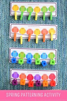 four colorful pegs with the words spring patterning activity on them