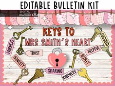 the keys to mrs smith's heart is displayed on a wooden background with pink and white