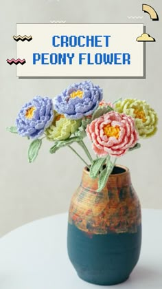 crochet peony flower in a vase with text overlay that reads, crochet peony flower