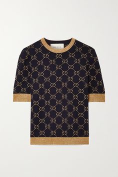 Gucci's logo-centric designs continue to dominate, thanks to Creative Director Alessandro Michele's eclectic and innovative imagination. This sweater is spun from cotton-blend with signature metallic 'GG' jacquard. Style yours with a trench coat and jeans. Womens Gucci Sweater, Black Gucci Tops For Winter, Gucci Black Winter Tops, Black Gucci Top For Winter, Fitted Designer Gucci Sweater, Black Gucci Winter Top, Designer Fitted Gucci Sweater, Luxury Logo Print Sweater For Fall, Blue Gucci Tops For Fall