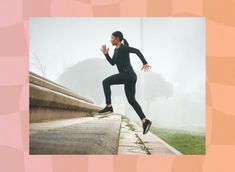 a woman in black running down a sidewalk