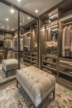 a walk - in closet with an ottoman and dressing room furniture, along with clothes on hangers